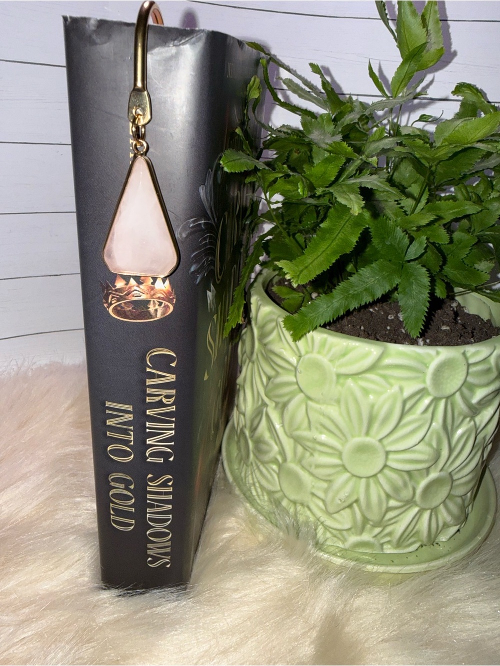 Teardrop Pink Stone Pendant Bookmark- Gold Tone